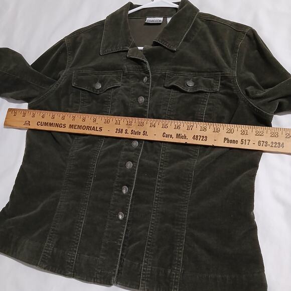 Chico's 1(US 8/10) Olive Green Stretch Corduroy Button-Up Jacket Cotton/Spandex - Picture 12 of 16
